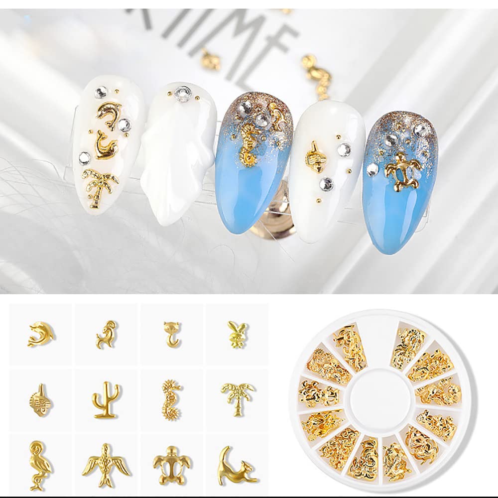 Detailed layout of celestial and geometric gold charms for professional salon manicures