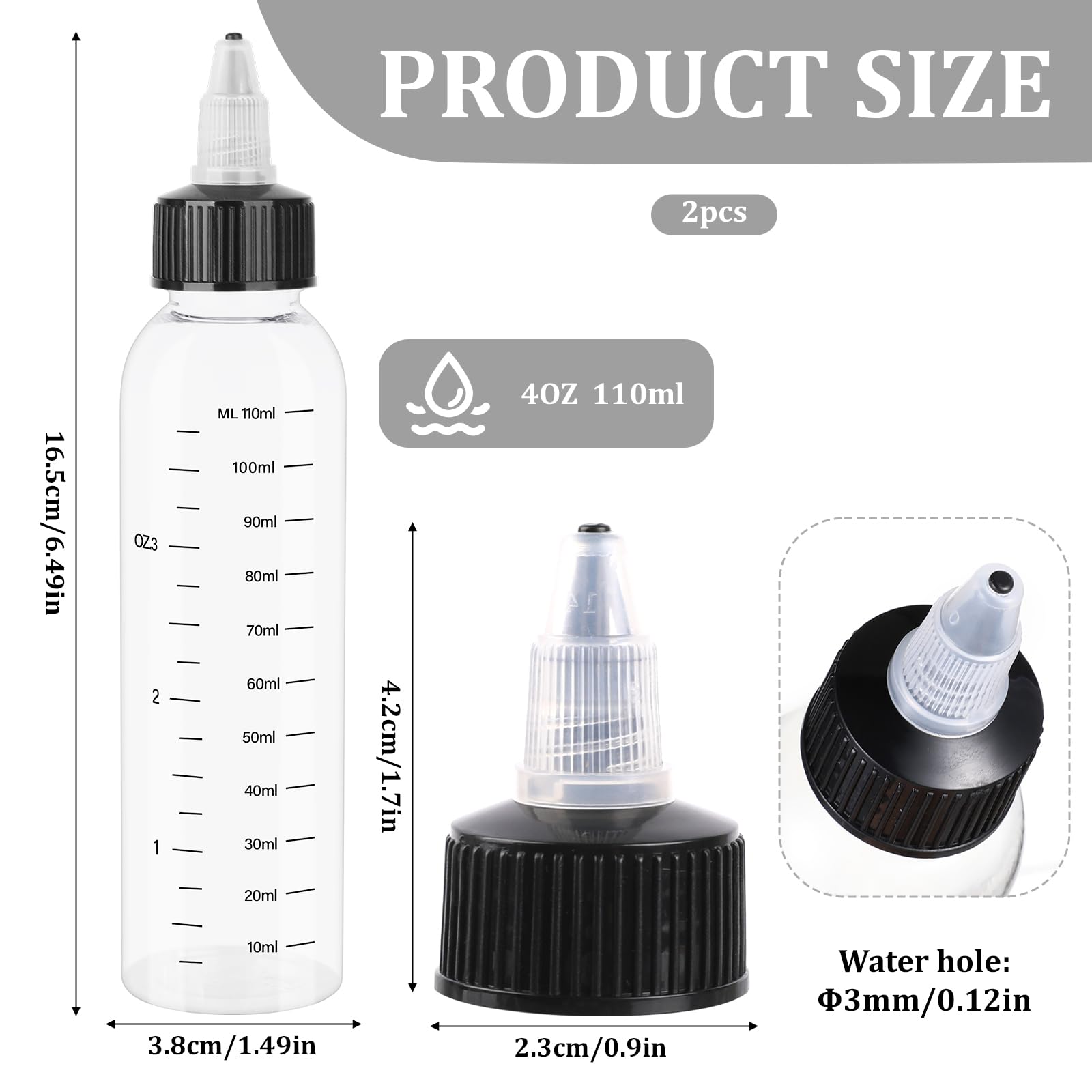 Two pack of four ounce empty plastic squeeze bottles with twist-on tip caps.