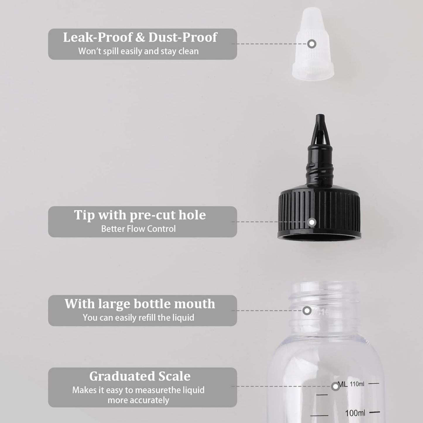 Clear plastic oil dispensing bottle showcasing milliliter and fluid ounce markings.