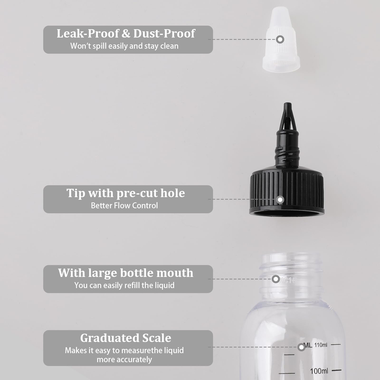Clear plastic oil dispensing bottle showcasing milliliter and fluid ounce markings.