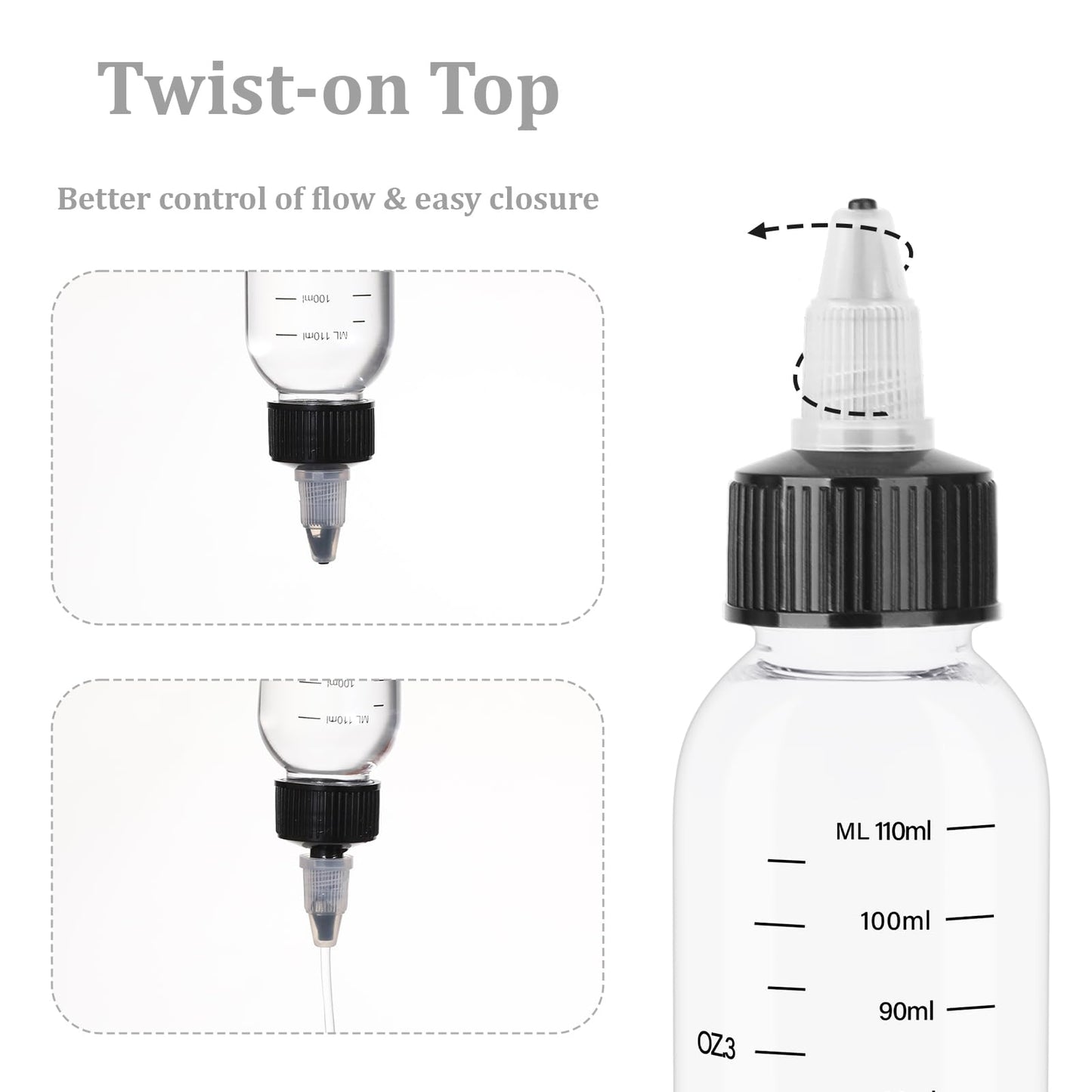 Leak proof adjustable twist cap nozzle detail on a clear hair color bottle.