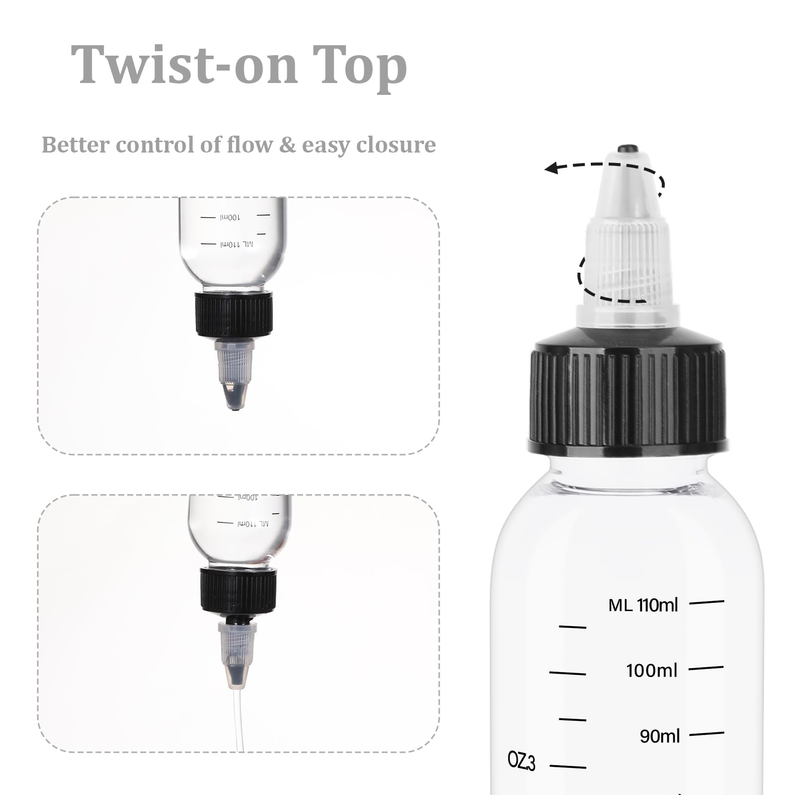 Leak proof adjustable twist cap nozzle detail on a clear hair color bottle.