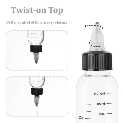 Leak proof adjustable twist cap nozzle detail on a clear hair color bottle.