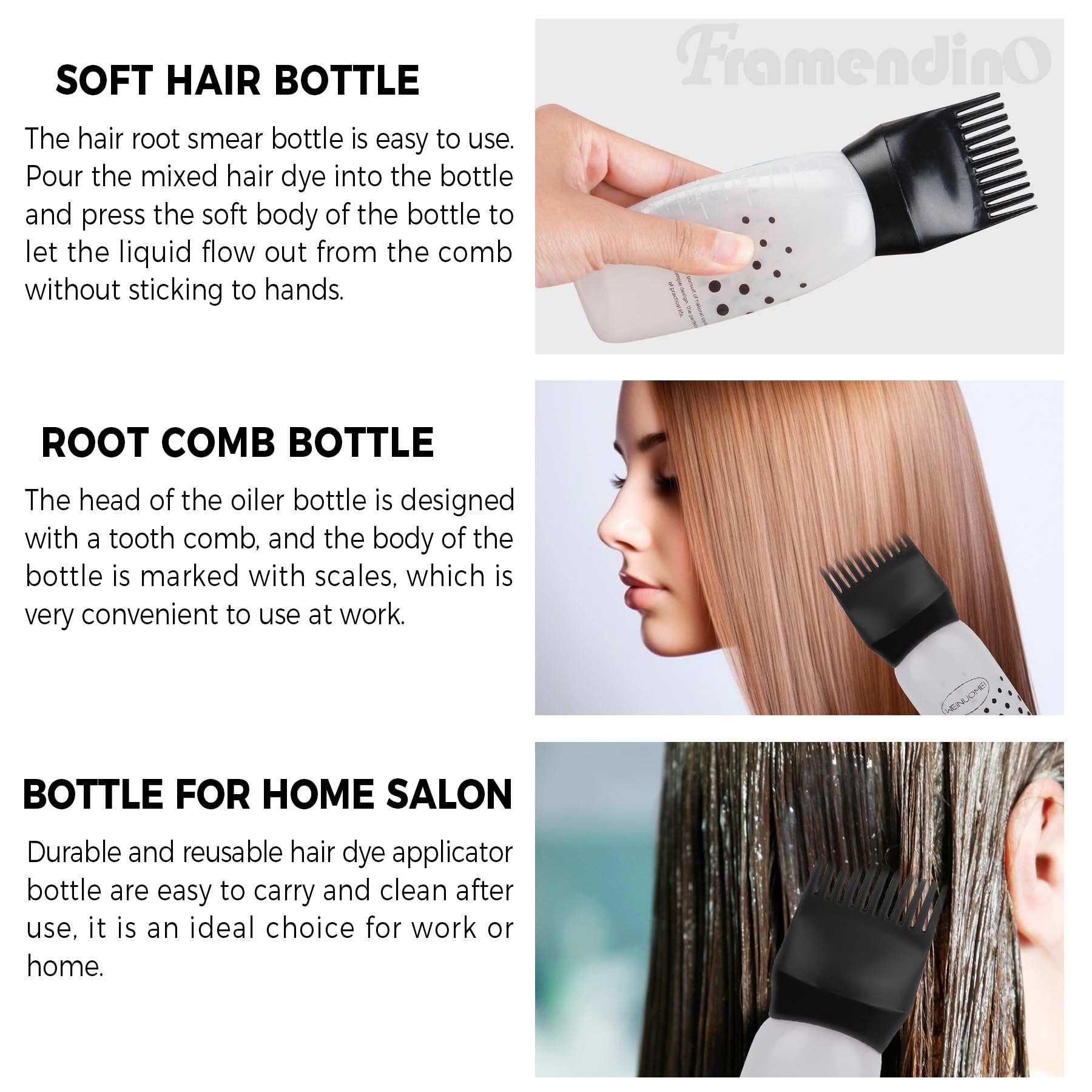 Three colorful hair dye squeeze bottles arranged side by side highlighting the durable polyethylene material.