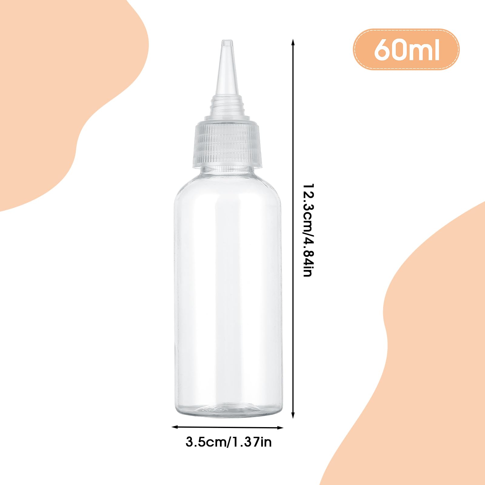 Six pieces of transparent two ounce refillable squeeze bottles with white twist caps and included blank label sheets