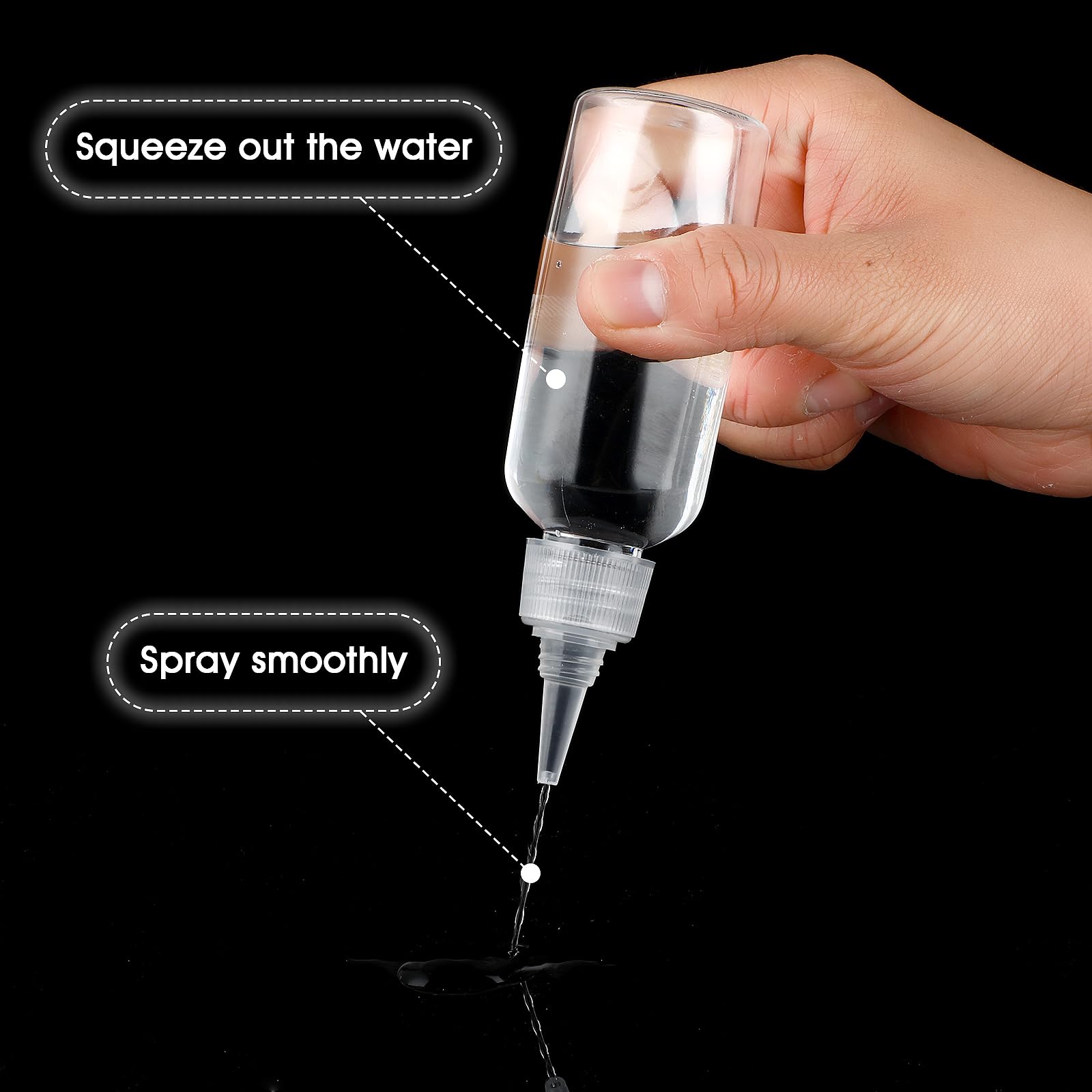 Close up of the pointed nozzle on the WLLHYF empty plastic applicator bottle showing the precise flow control mechanism