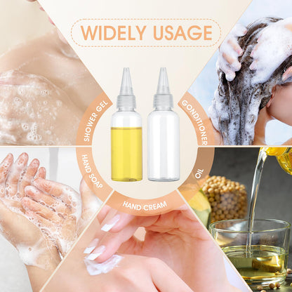 WLLHYF empty squeeze bottles for hair liquids and oils arranged in a neat row displaying compact travel size dimensions