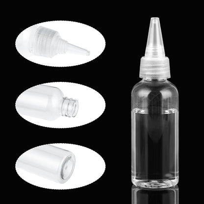 Clear plastic hair color applicator bottles with leak resistant twist closures showing durable design for scalp treatments