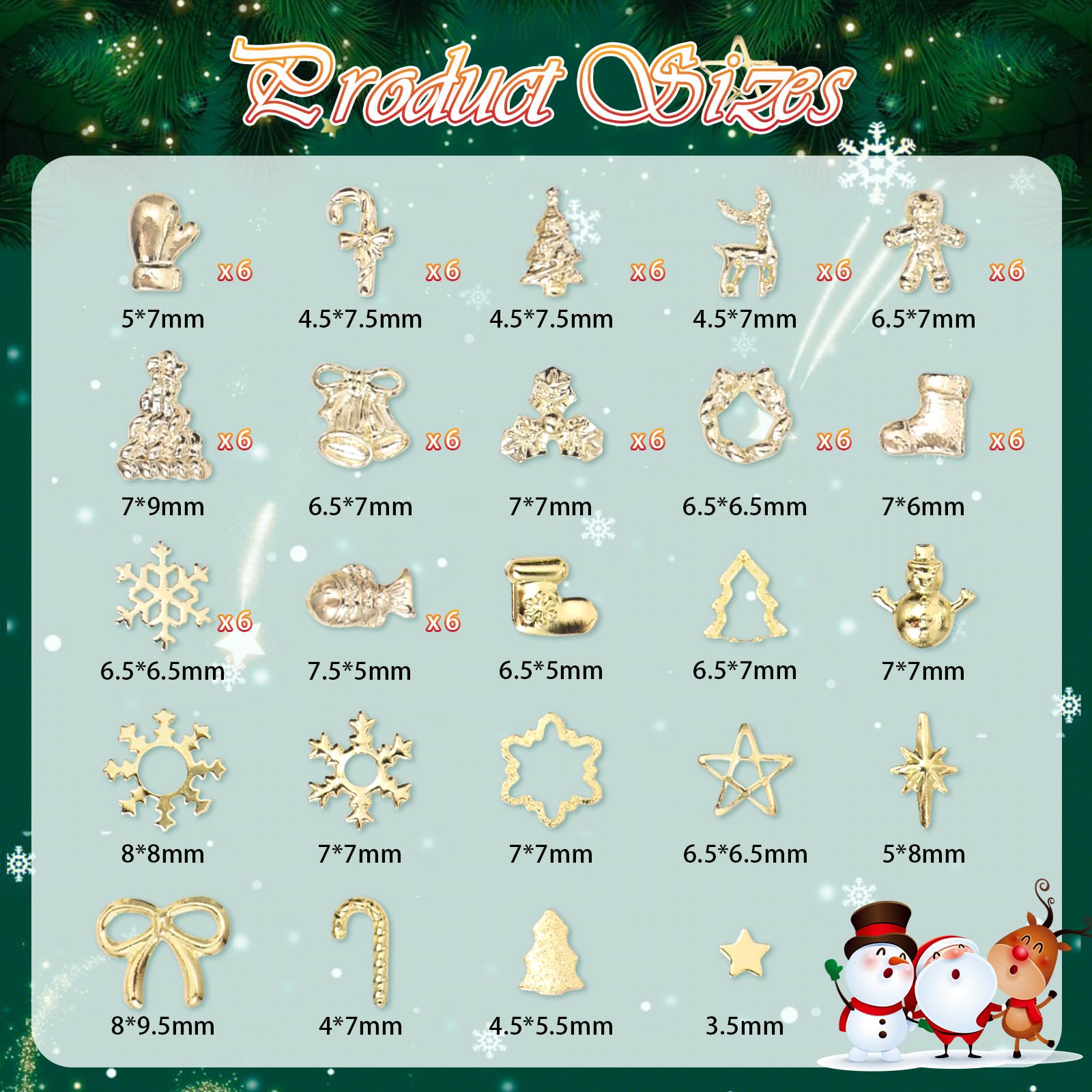 Close up of gold reindeer and bow nail art charms