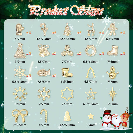 Close up of gold reindeer and bow nail art charms