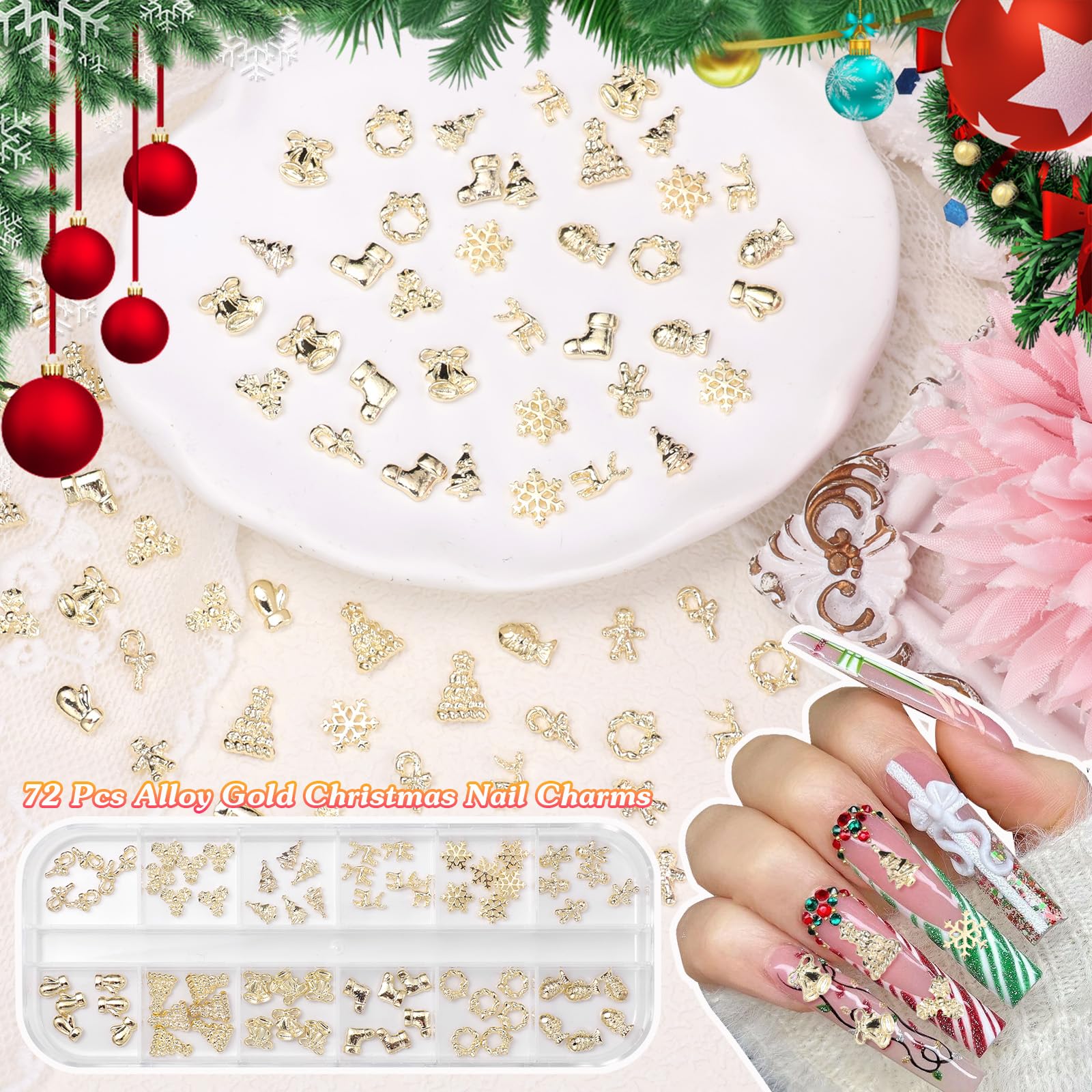 Festive holiday themed nail art decorations for acrylic nails
