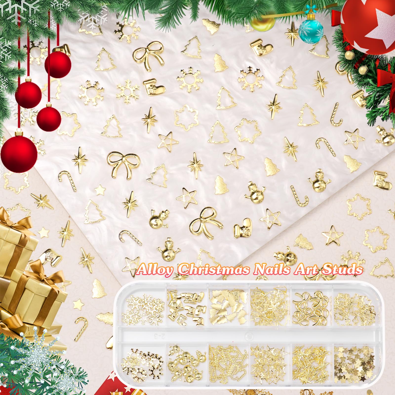 Set of gold metal snowflake charms for holiday nails