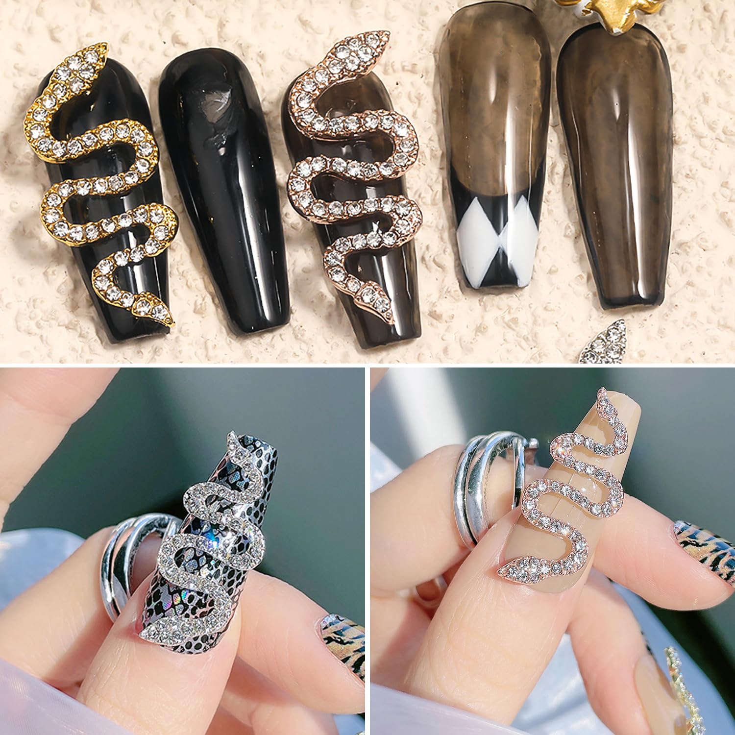 Close up of 3D snake nail jewelry featuring clear embedded rhinestones