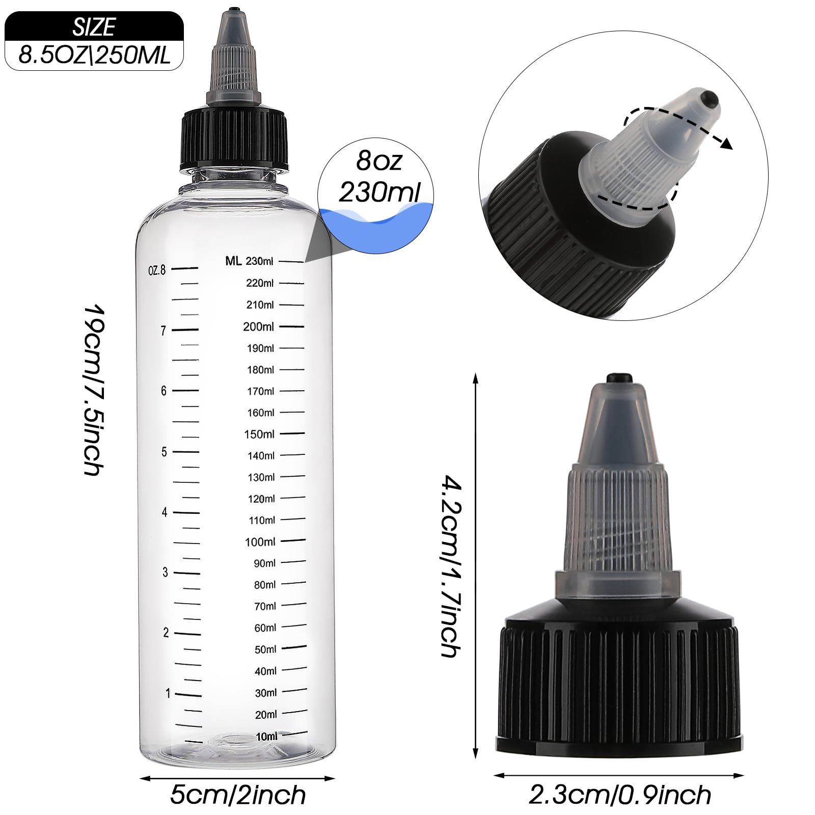 Two pack collection of transparent root dye dispensers highlighting the leak proof twist top tip caps.