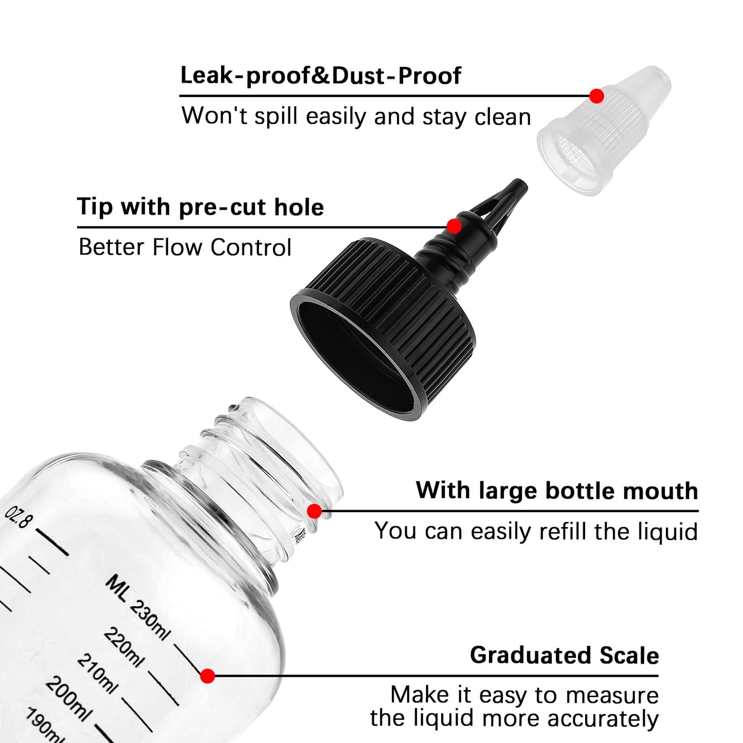Close up view of the precise graduated scale on the eight point five ounce plastic squeezing bottle.