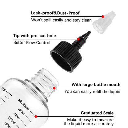 Close up view of the precise graduated scale on the eight point five ounce plastic squeezing bottle.