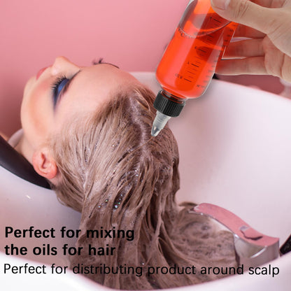 Side angle of the flexible salon styling bottle showcasing the ergonomic design for liquid application.
