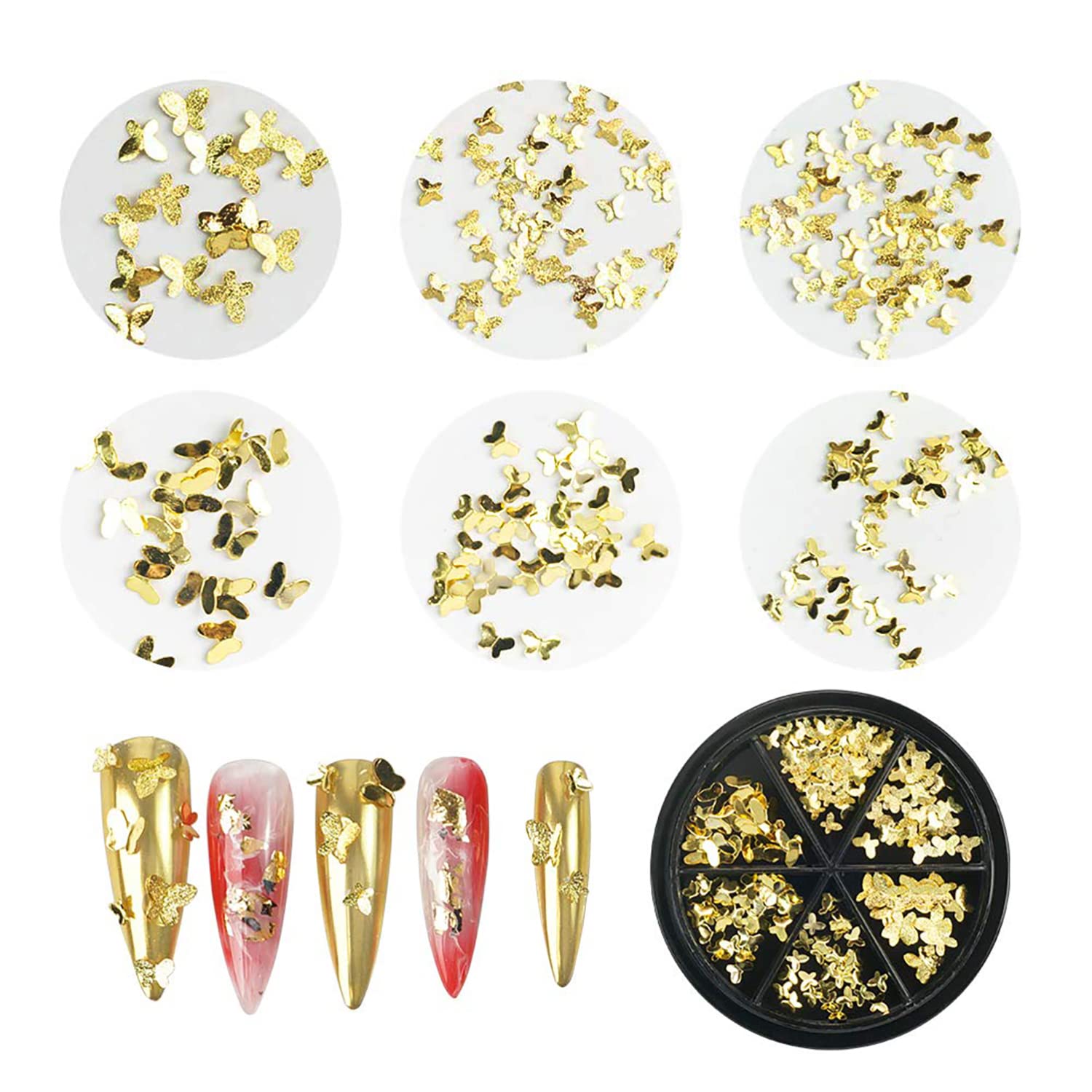 Application process showing tweezers positioning a mini golden alloy butterfly charm onto a thumbnail.