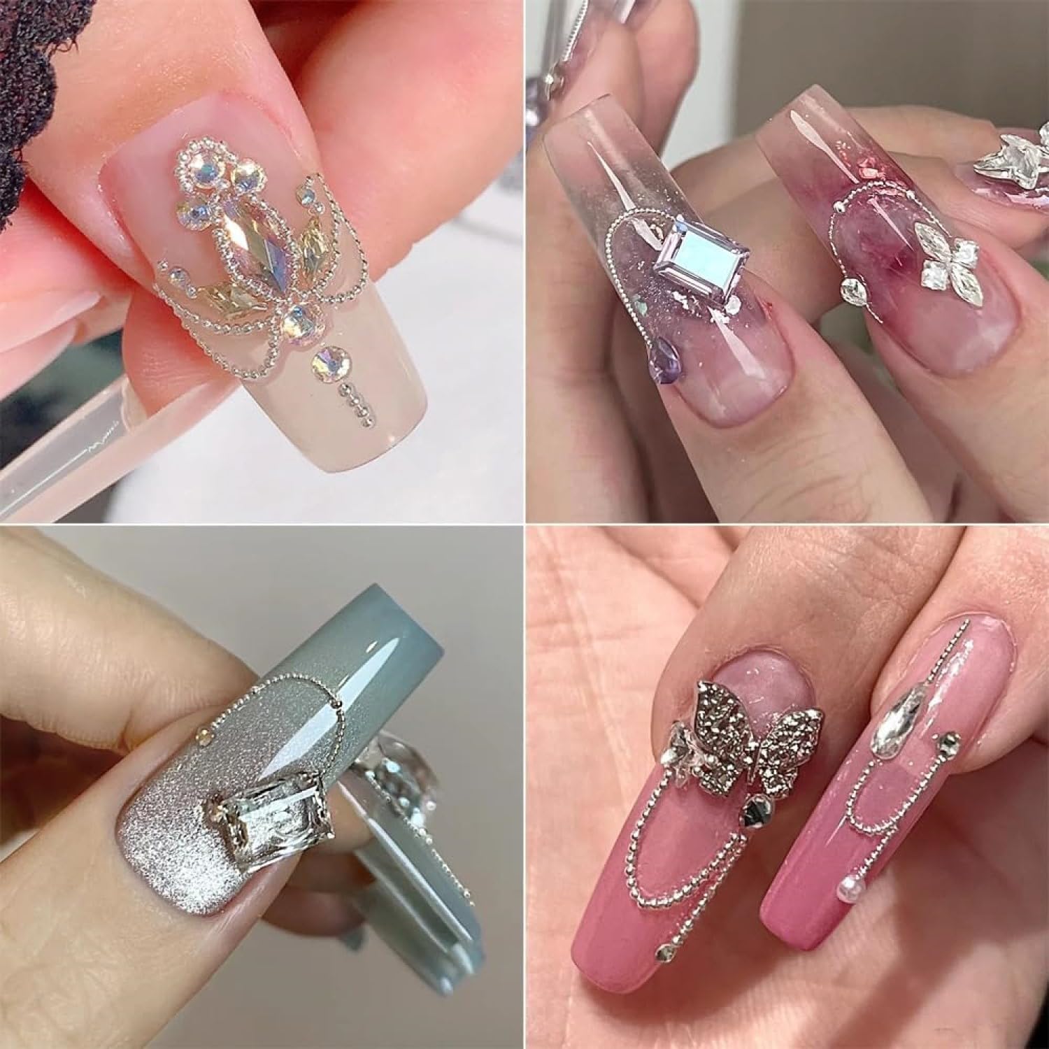 Top down view of nail art accessories with tweezers placing beads
