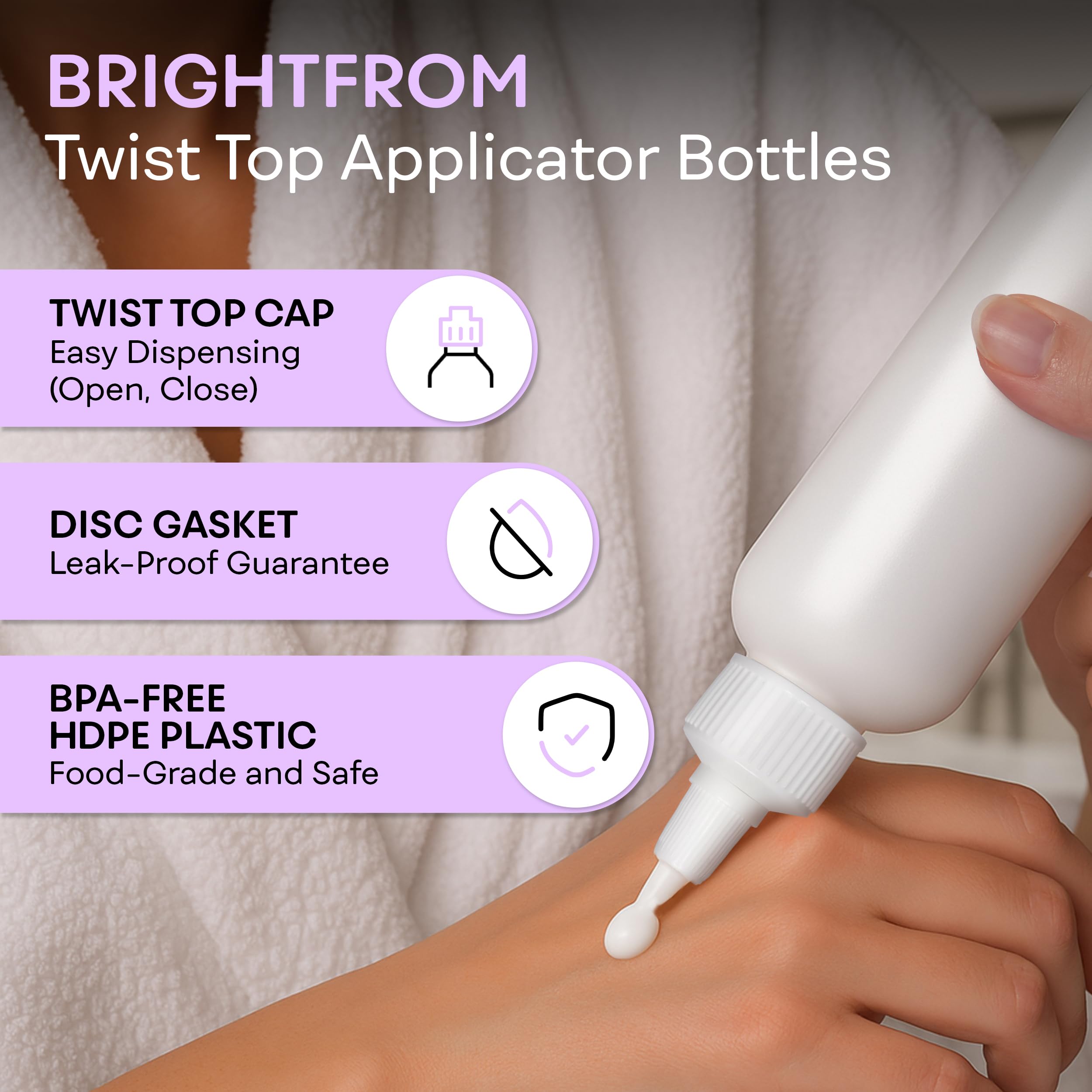 Two pack of BRIGHTFROM six ounce empty squeeze bottles with secure closing caps.