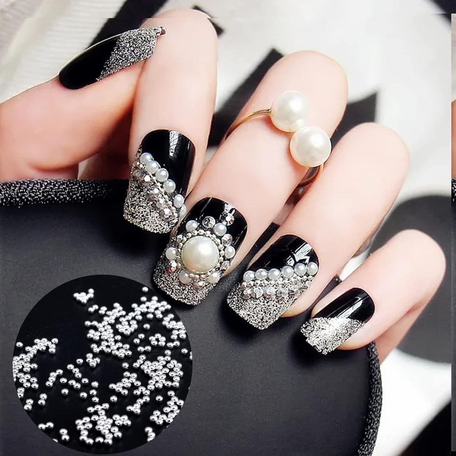 Professional nail art manicure featuring 3D caviar steel bead accents
