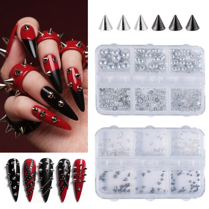 Model showing edgy 3D nail art with black metal spikes