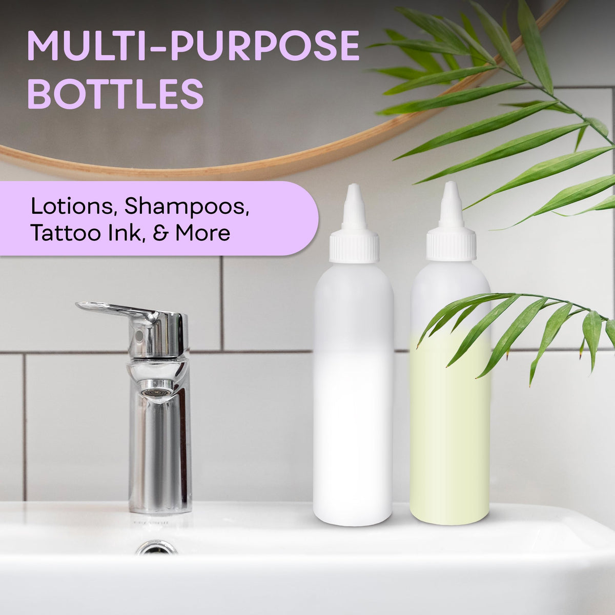 BRIGHTFROM refillable plastic squeeze bottles for hair care and salon treatments.