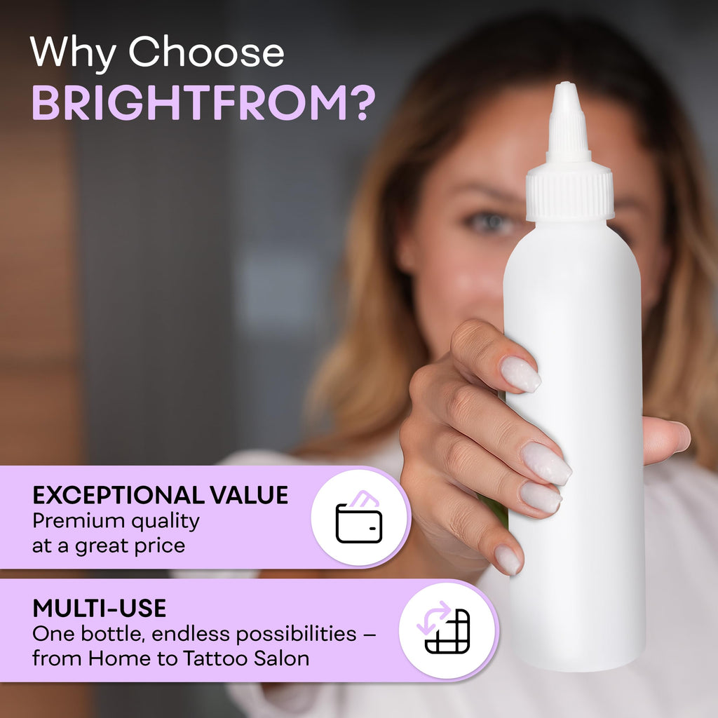 Side view of flexible BRIGHTFROM high density polyethylene dispensing bottles.