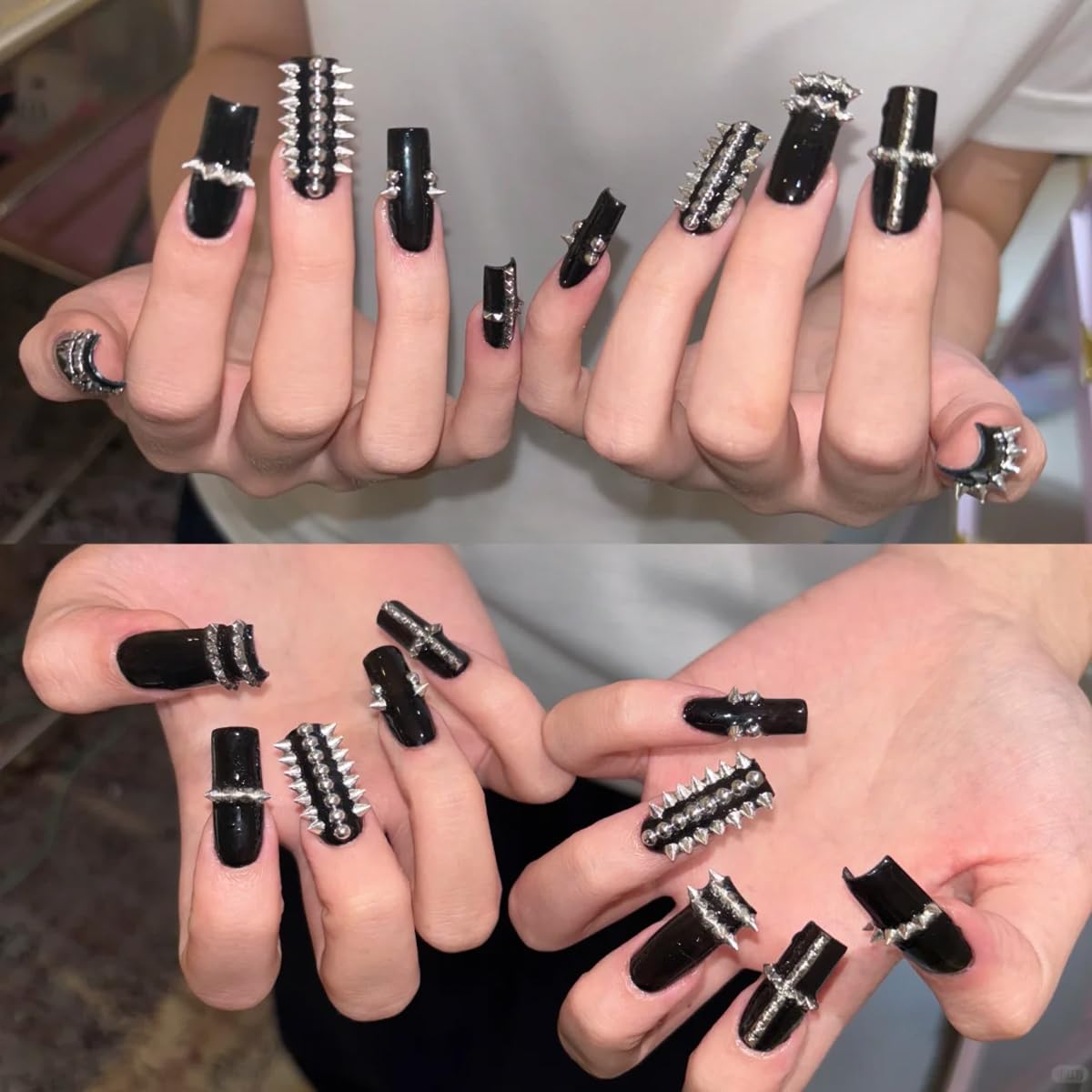 Alternative edgy manicure design showcasing 3D metal punk charms.