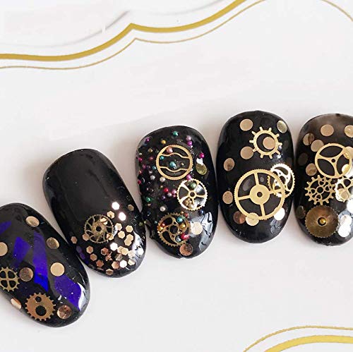 Finished three dimensional mechanical theme nail art design utilizing metallic gear studs on dark polish backdrop