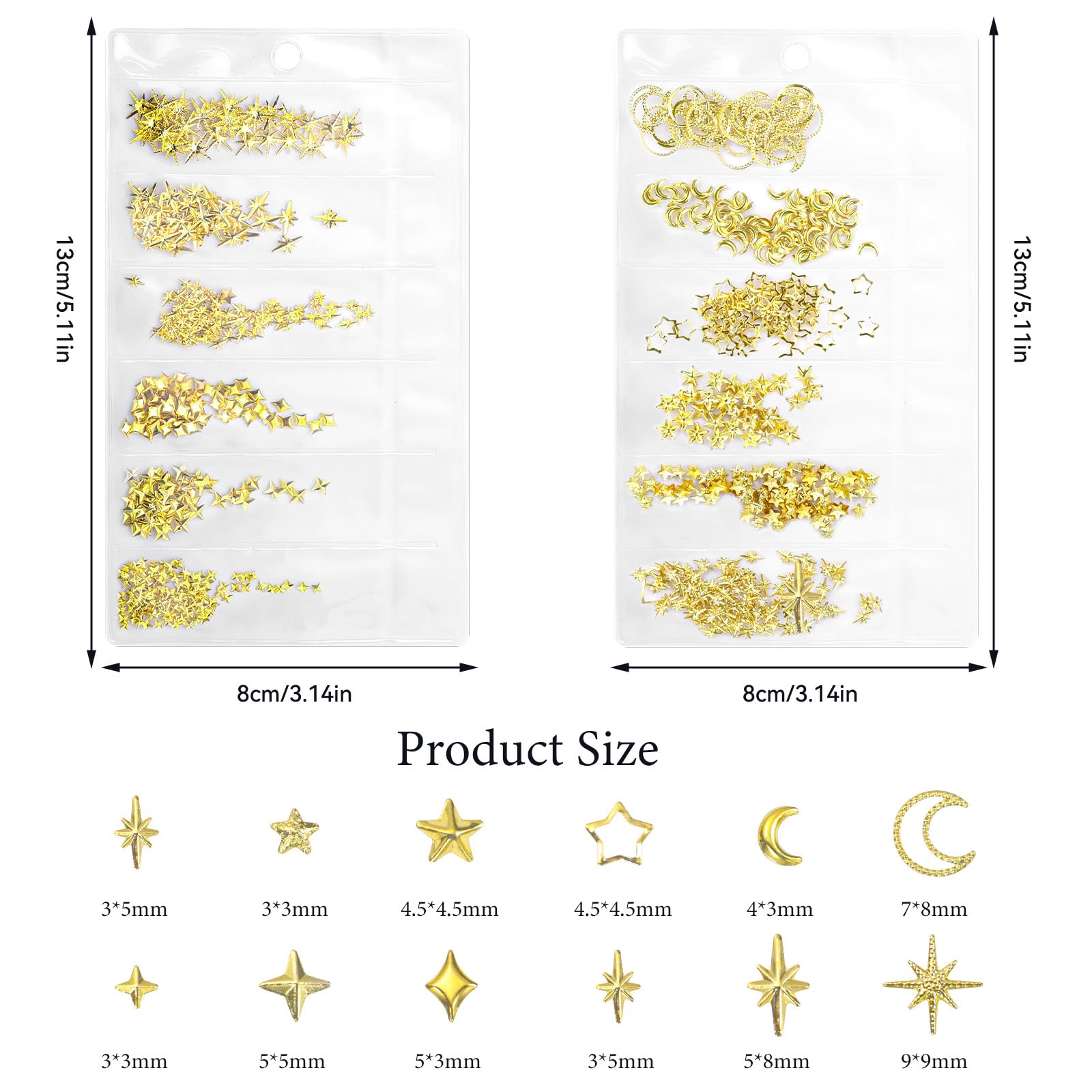 Close up view of multi sizes golden star and moon nail art gems on manicured acrylic nails