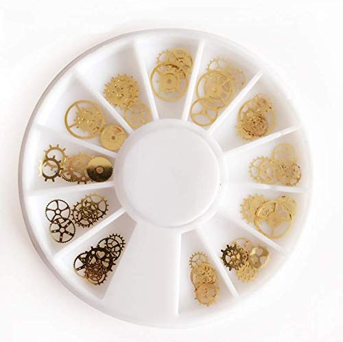 Diverse assortment of miniature alloy metal clock wheels showing different intricate geometric patterns for DIY crafts