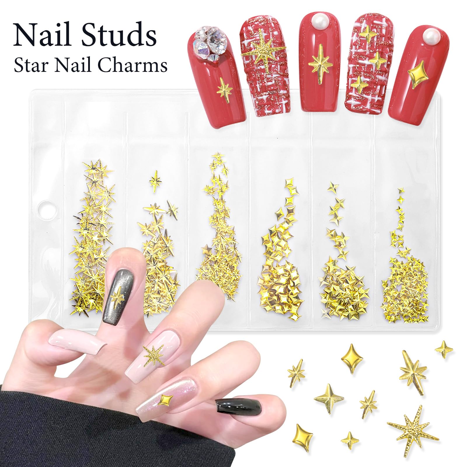 Assorted 12 grid metal nail charms including gold stars crescent moons and cross shapes