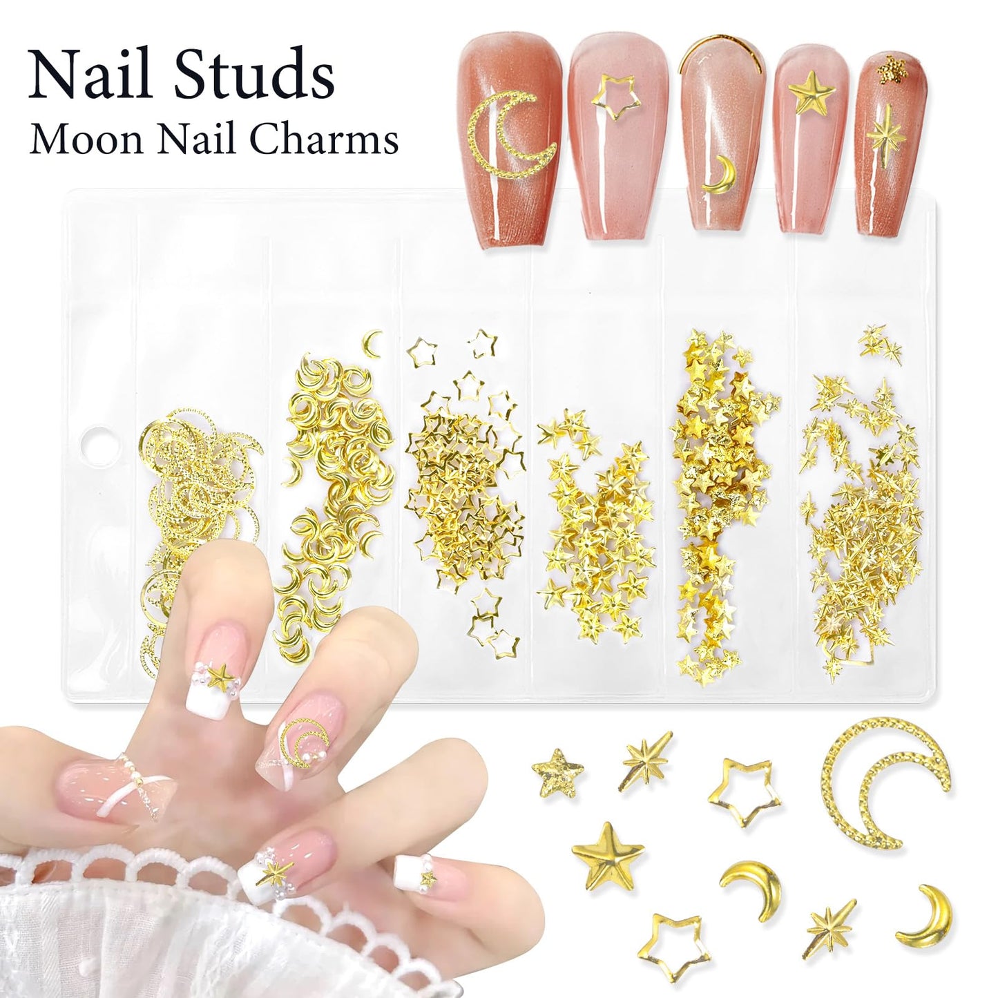 Step by step application of 3D gold celestial studs on gel nail polish extension
