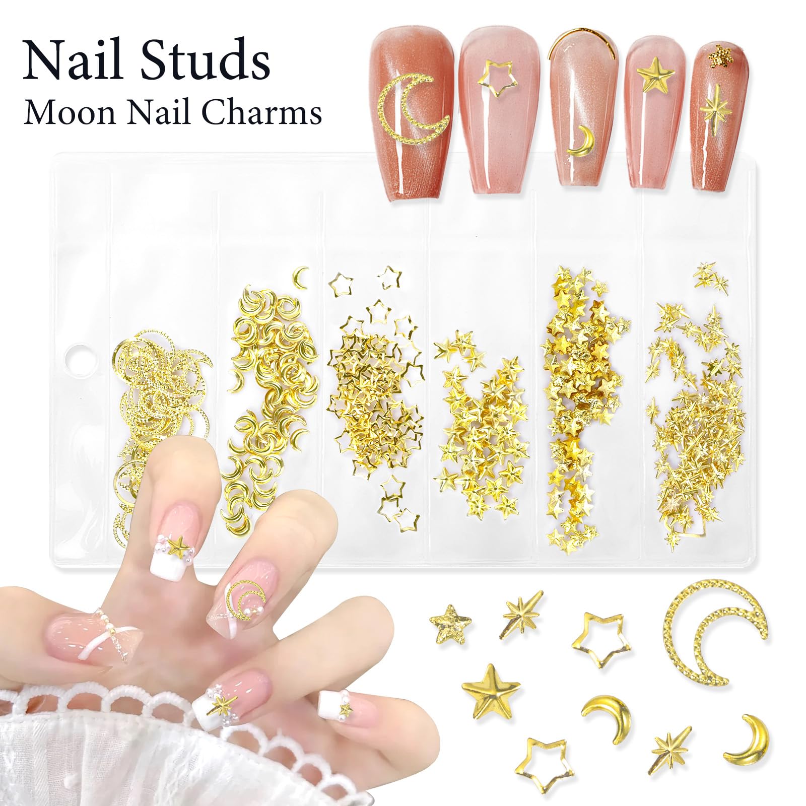 Step by step application of 3D gold celestial studs on gel nail polish extension