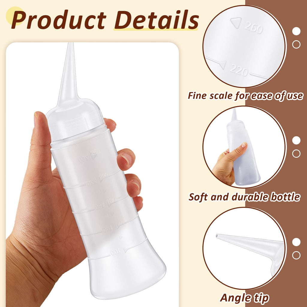 Set of twelve white plastic hair dye squeeze bottles with measurements