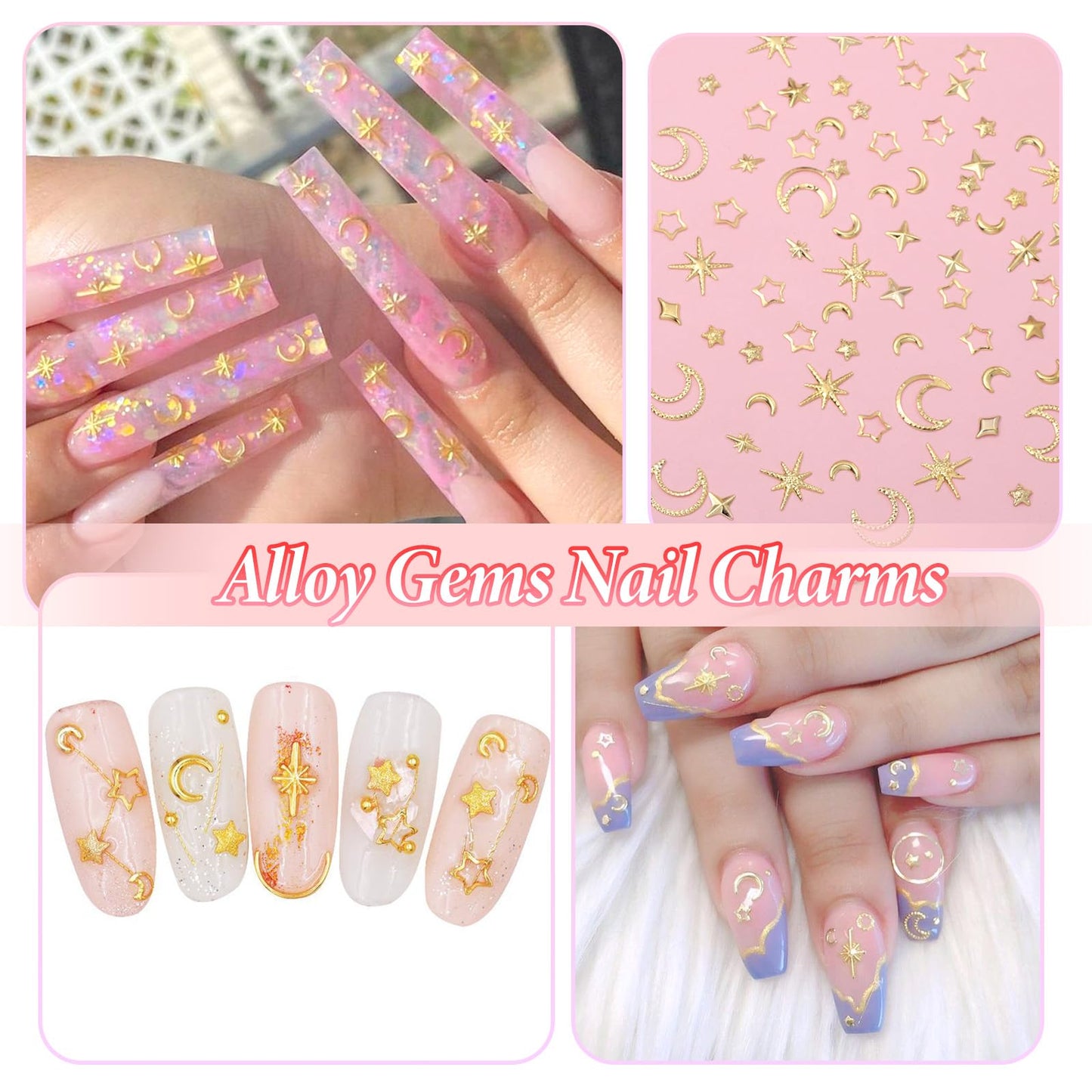 High shine gold toned alloy stars and moons nail decorations flat lay arrangement