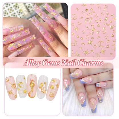 High shine gold toned alloy stars and moons nail decorations flat lay arrangement
