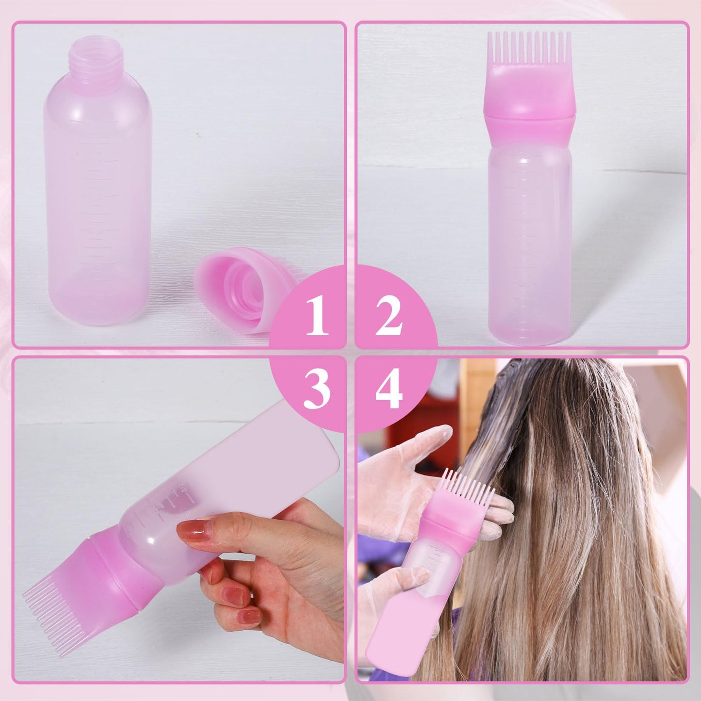 Side view of two pink 6 Ounce hair oiling bottles with clear ounce markings