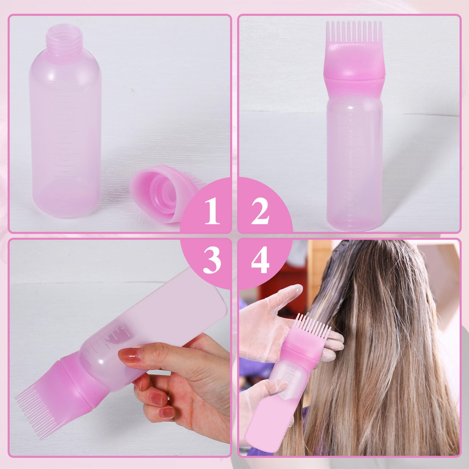 Side view of two pink 6 Ounce hair oiling bottles with clear ounce markings