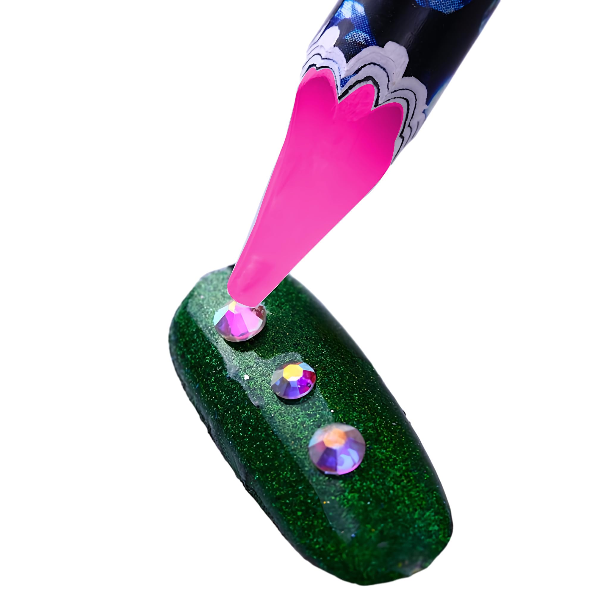Pink wooden wax pencil tool being used for false acrylic nail art styling.
