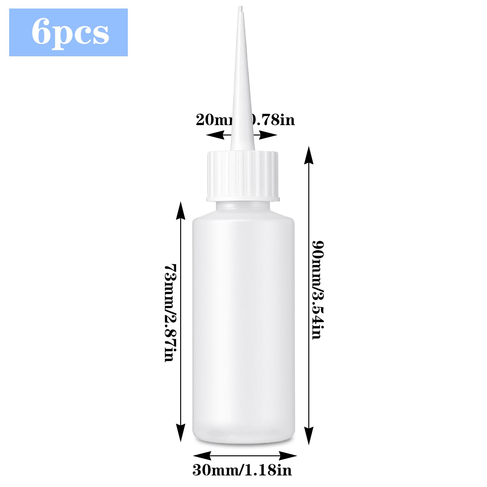 Six pieces of fifty milliliter clear needle tip bottles with protective red caps laid out flat