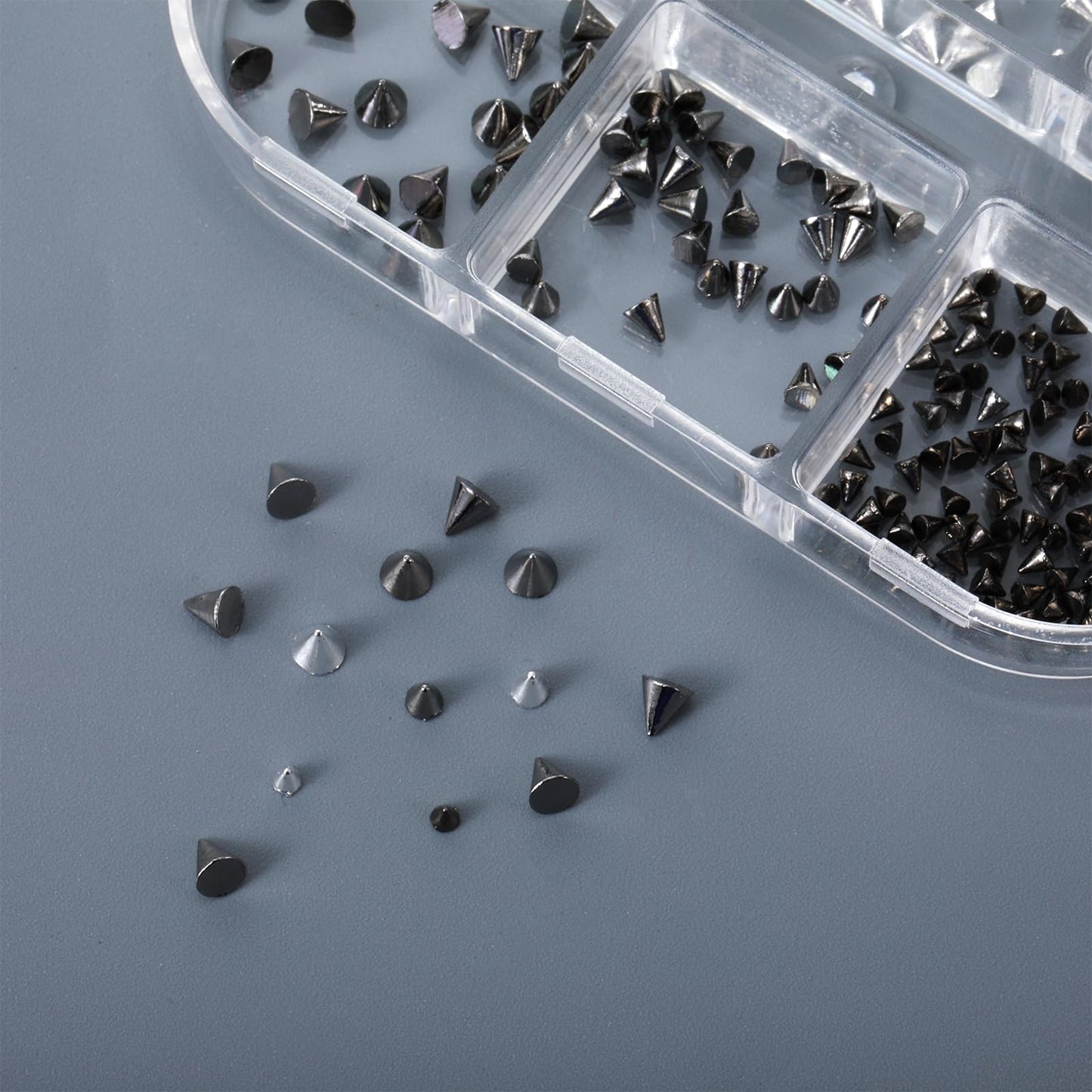 Top view of alloy rivets and steel balls for manicures