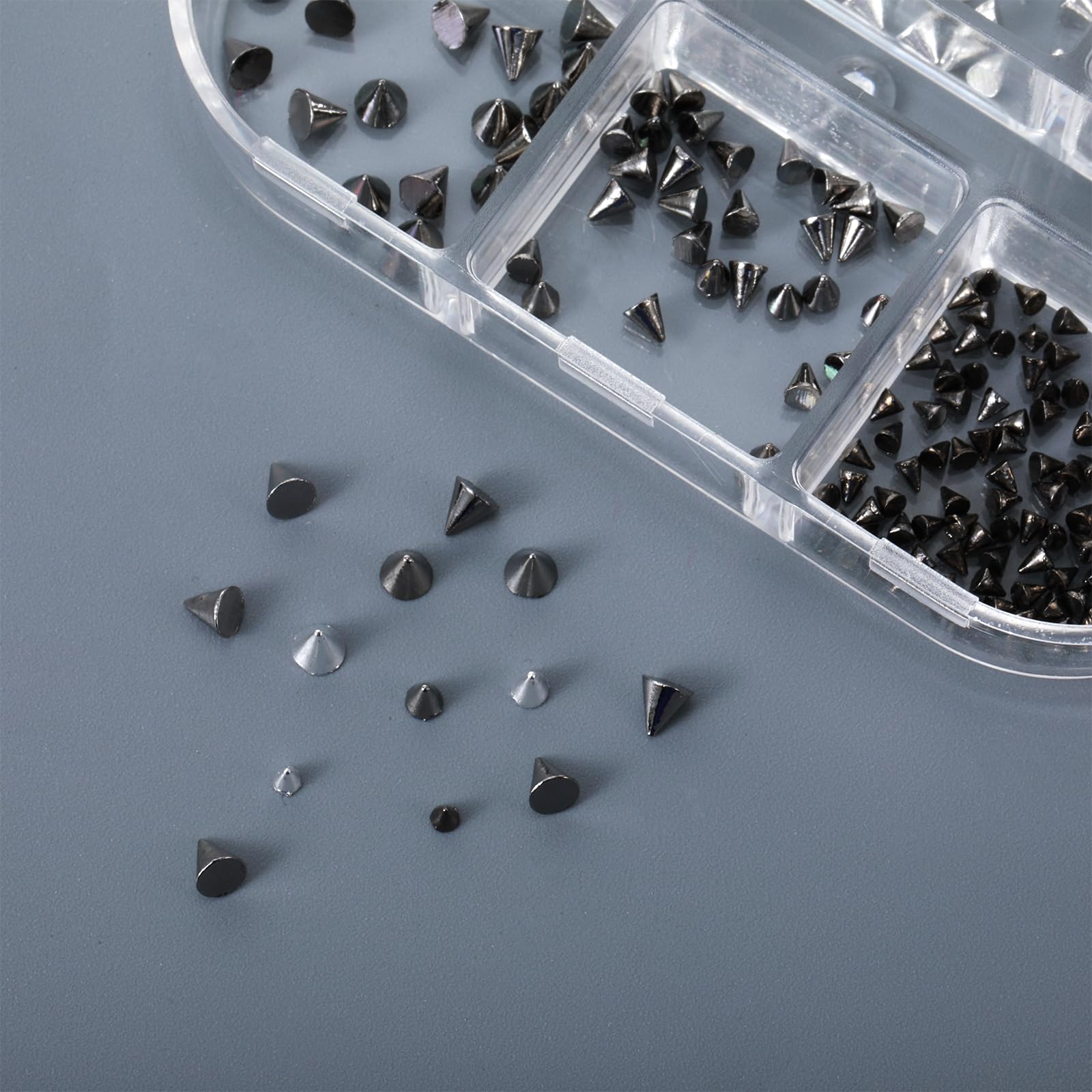 Top view of alloy rivets and steel balls for manicures