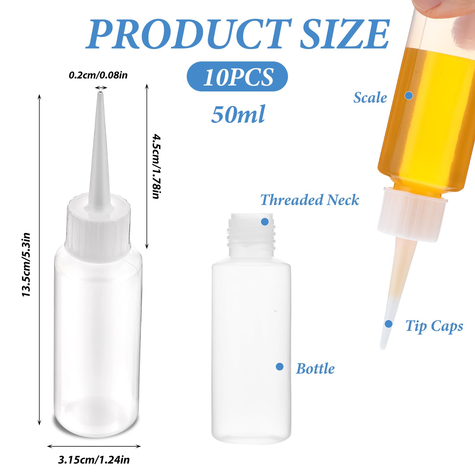 Close-up of the long fine precision tip on the clear 50ml squeeze applicator container.
