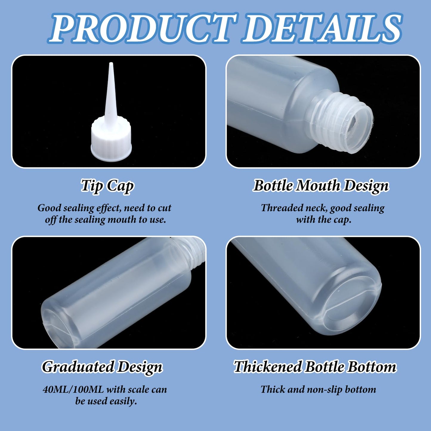 Side profile of the flexible clear plastic craft glue bottle with its screw-on cap attached.