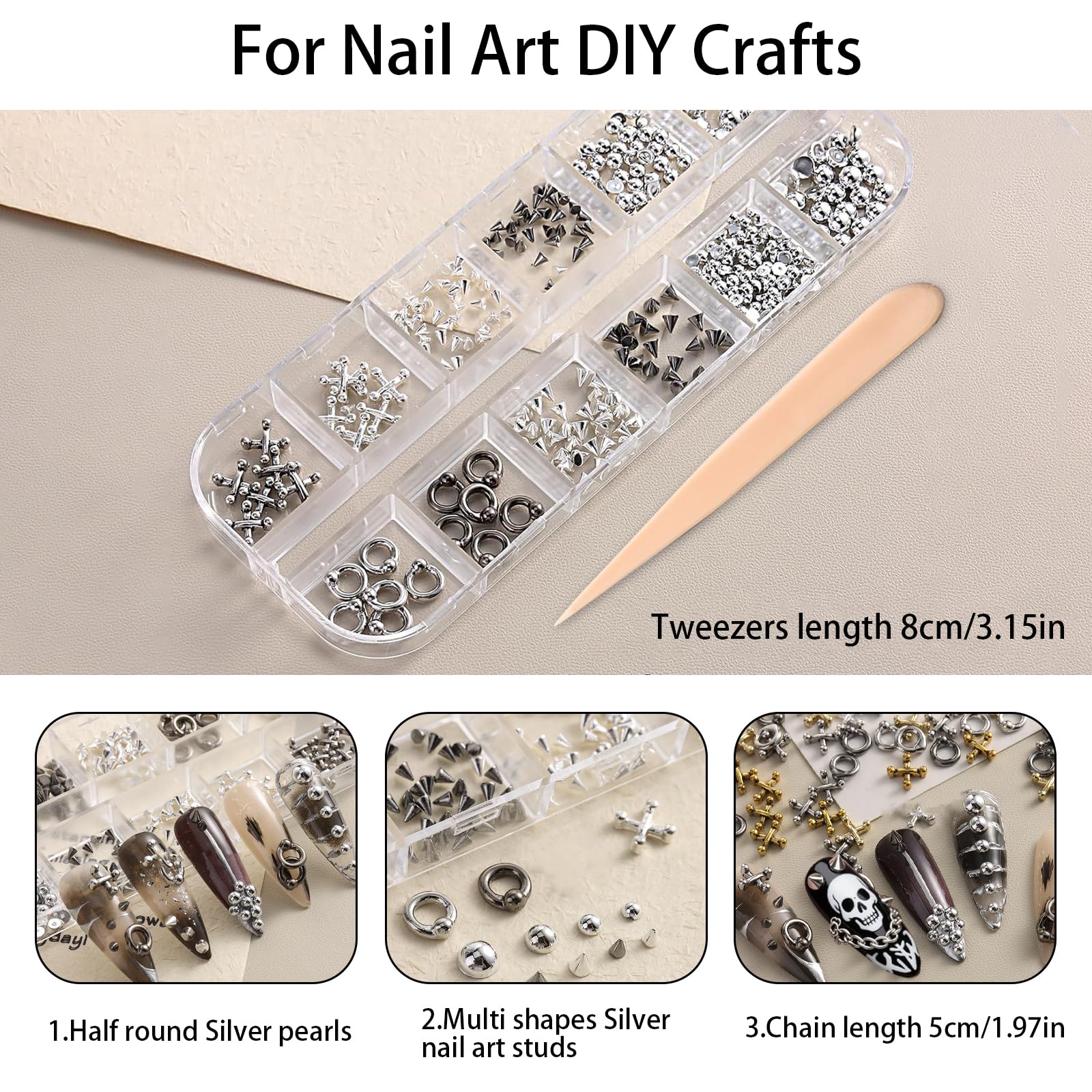 Plkdjdm punk metal nail art decorations in 12-grid organizer