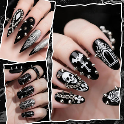Silver grunge nail art accessories arranged on manicure backdrop