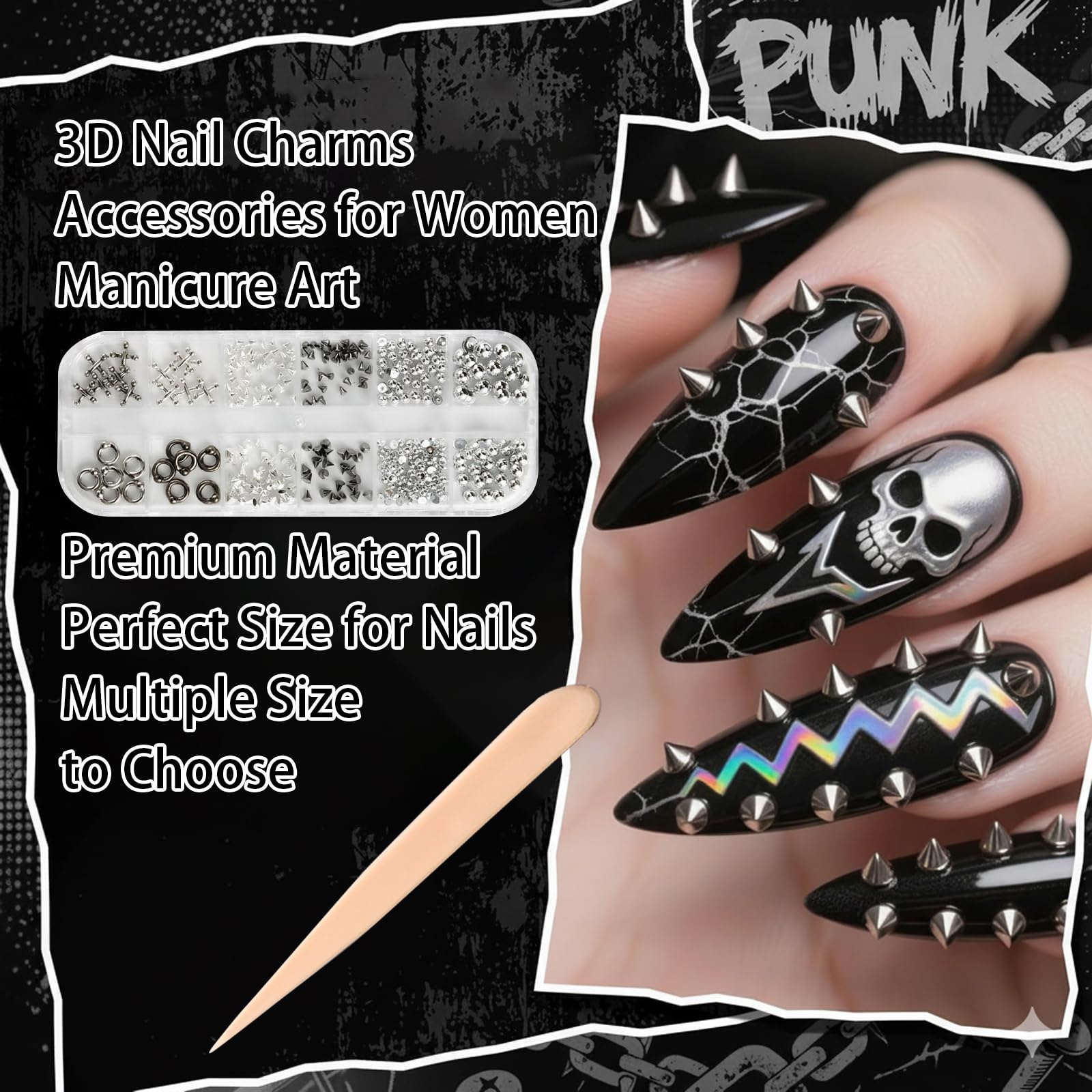 Detailed view of gothic nail charms for DIY craft decorations