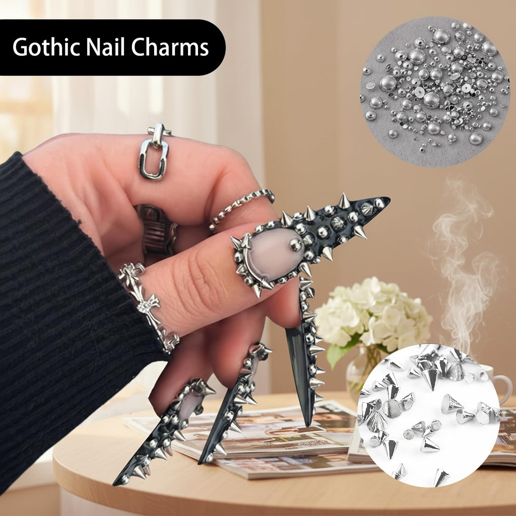 Silver and black chrome punk nail jewels in storage case